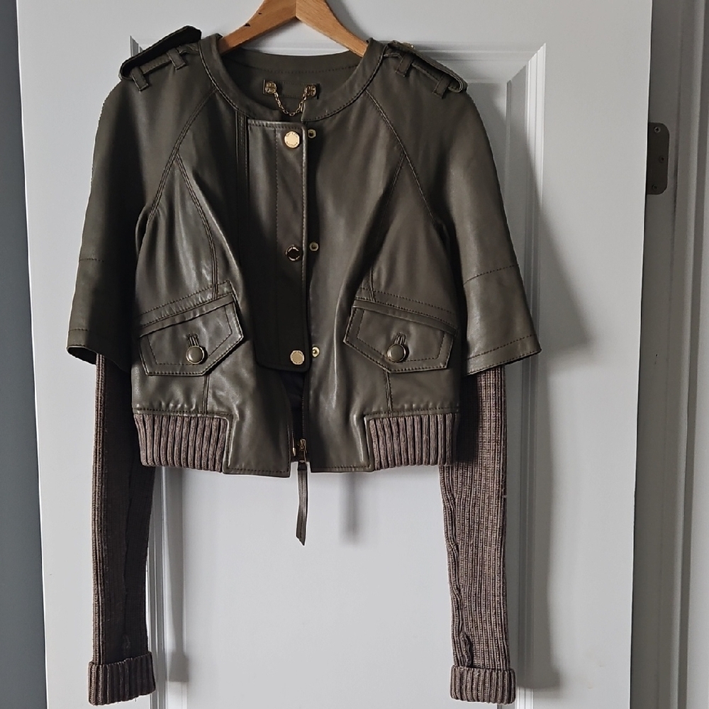 Tory Burch Khaki Leather Jacket with Brown Sleeves